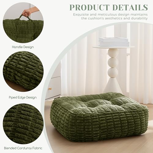 HIGOGOGO 8" Floor Pillow Cushion for Adults, Meditation Cushion Pillow, Blended Corduroy Cover, Large Square Floor Sitting for Tatami Living Room or Yoga, 2Pack, Dark Green - color: Square Dark Green, size: 8" Thick(Pack of 2)