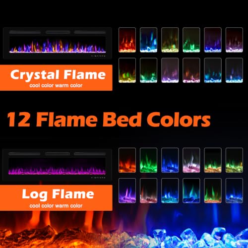 BETELNUT 68" Electric Fireplace Wall Mounted and Recessed with Remote Control, 750/1500W Ultra-Thin Wall Fireplace Heater W/Timer Adjustable Flame Color and Brightness, Log Set & Crystal Options - size: 68 Inch