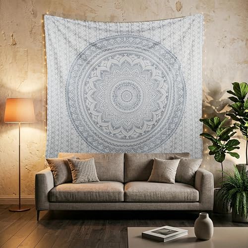 FURNISHFUL FINESSE Handmade Cotton Mandala Wall Tapestry - White Silver Ombre Boho Wall Decor, Bohemian Hippie Room Hanging for Bedroom, Dorm & Living Room Aesthetic - 30x40 Inches - color: Silver, size: 40"L x 30"W