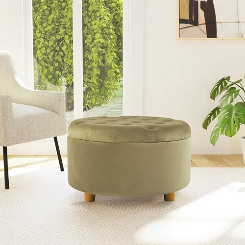 HomePop 28" Button Tufted Velvet Round Storage Ottoman - Light Sage Green Velvet - color: Light Sage Green Velvet