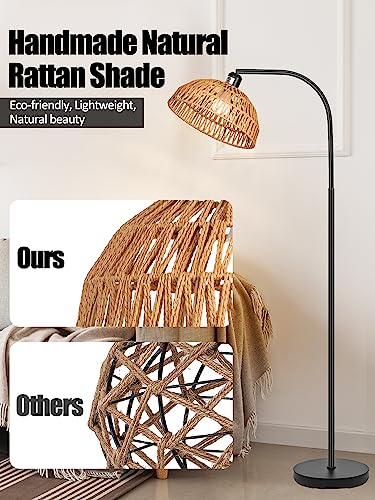 Brilvibera Boho Floor Lamp with Remote – Bronze Tall Lamp with Stepless Dimmable Bulb and Adjustable Rattan Shade for Living Room, Bedroom, Office - style: Bronze Rattan Standing Floor Lamp