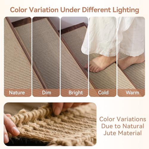 15PC Jute Stair Treads for Wooden Steps-Non Slip Peel and Stick Stair Treads Indoor, Adhesive Staircase Step Treads Residue Free, Cat-Friendly & Scratch-Resistant Durable Stair Runner Rug,8"x30" Beige - size: 8"x30"