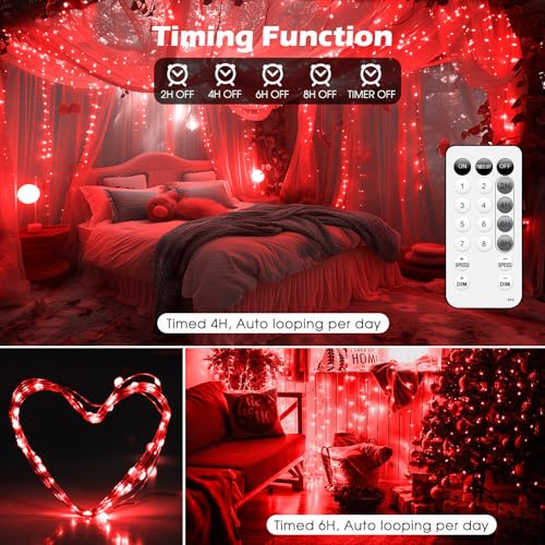 Fairy Lights 66ft 200 LED USB Twinkle String Lights Plug in Silver Wire Lights with Remote and Timer 8 Modes Outdoor Waterproof Starry Lights DIY Party Wedding Christmas Decoration（Red） - color: Red
