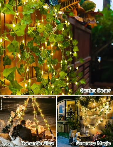 suddus Solar Ivy String Lights Outdoor Waterproof, 33Ft 100 LED Fake Vines with Lights, Artificial Greenery Leaf Fairy Light for Privacy Fence, Wall, Patio, Garden, Balcony Decor (Warm White) - color: Ivy, size: 33Ft*1pack