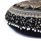 CRAFT KALA 32" Bohemian Floor Pillow Cover Boho Large Round Pouf Cover Mandala Meditation Room Pillows Cover for Adults Seating Poufs Cushion Cover for Kids Playroom Black Gold Trishul - color: Black Gold Trishul