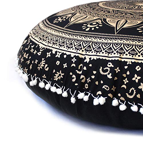 Mandala Barmeri Large Floor Pillow Cover Cushion Meditation Seating Ottoman Throw Cover Hippie Decorative Zipped Bohemian Pouf Ottoman Poufs, Pom Pom Pillow Cases Black Gold Trishol, 32 inch Round - color: Orange Gold, size: 32" Round