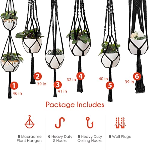 Feedee Macrame Plant Hangers - 6 Pack, Black, Indoor/Outdoor, Cotton - color: Black, size: Pack of 6