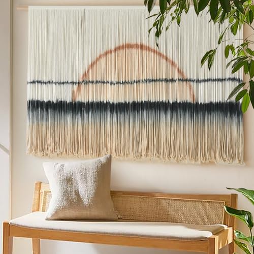 Jakalin Macrame Wall Hanging Large Sunset Dip Dye Boho Tapestry Handmade Woven Cotton Wall Art for Bedroom, Living Room, Above Bed Neutral Modern Minimalist Decor 57" Wx35 L - color: Black and Brown