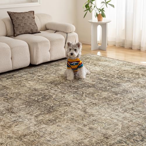 FMFUNCTEX 8x10 Washable Area Rug Brown Vintage Neutral Distressed Large Non Slip Carpet for Living Room Bedroom Soft Low Pile Indoor Mat Retro Floral Throw Rug for Dining Room Kitchen Office Nursery - color: Brown, size: 8' x 10' (Rectangular)