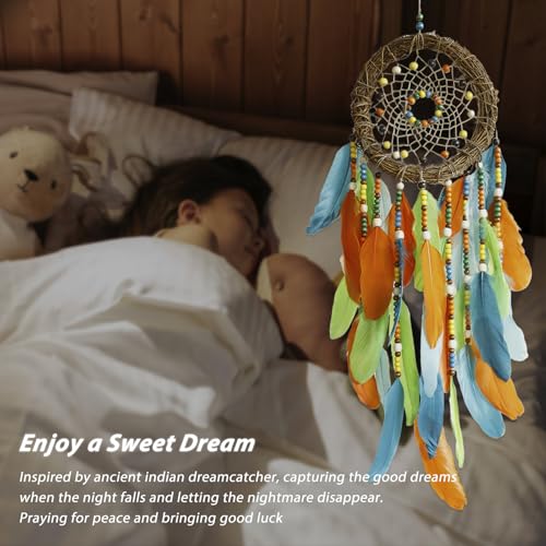 Dream Catcher Native American Boho Dreamcatcher Rattan Wall Decor, Handmade Natural Goose Feathers Blue Beaded Hanging Wall Art Indian Decor for Bedroom Living Room - color: Blue Green Orange