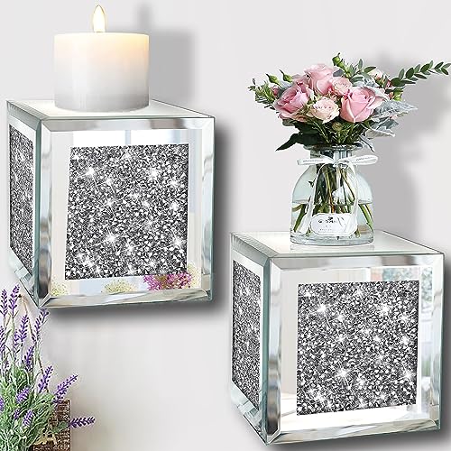 ZOLAPI Set of 2 Crystal Crush Diamond Candle Sconces, Gorgeous Silver Mirrored Wall Sconce, Candle Holder Glass Wall Decorations for Home Décor, Living Room, Dining Room. Floating Shelves - color: Silver Mirror Ｆ
