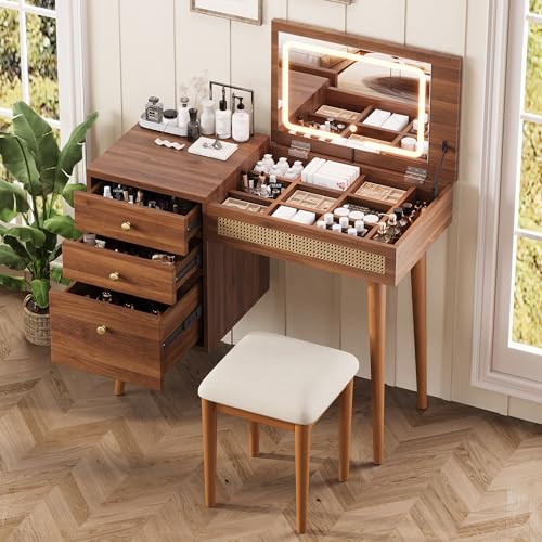 47" Rattan Vanity Table with Mirror and Lights, Brown Makeup Vanity with Storage & 5 Drawers, Boho Vanitys Desk with Shelves for Bedroom, 3 Lighting Modes, Adjustable Brightness (Brown) - color: Brown