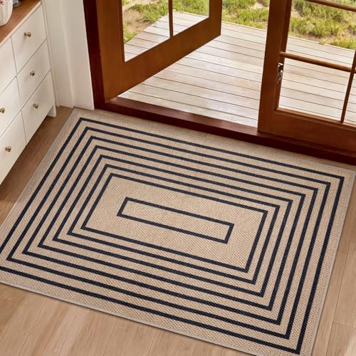 Tangsoo Geometric Easy Jute Rug 2x3 Washable Rug,Small Area Rug for Entryway,Non-Slip Black Thin Indoor Outdoor Door Mat Modern Farmhouse Carpet for Entrance Kitchen Bedroom Front Porch - color: Geometric Black, size: 2x3ft
