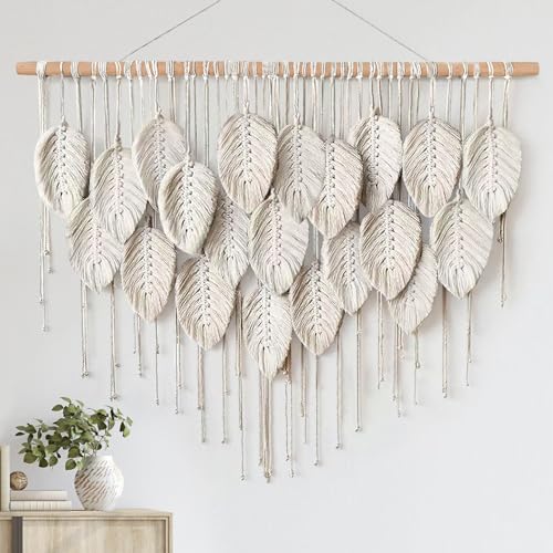 LOMOHOO Macrame Wall Hanging Boho Beige Leaves Tapestry Bohemian Handmade Woven Wall Art Decoration for Bedroom Living Room Apartment Dorm Gallery Perfect Handmade Gift Ideas - color: Beige-39" W x 28.3" L