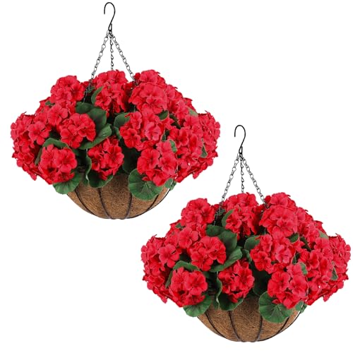 Hananona 2 Set Artificial Red Geraniums Flowers for Outdoors with Hanging Baskets, 2 Hanging Planters with 12 Pcs Red Geranium Flowers for Christmas Front Porch Garden Patio Home Decor (2, Red) - color: Red