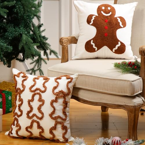 Pickmesh Christmas Throw Pillow Covers 18x18 inch Set of 2 Christmas Gingerbread Man Pillows Case Xmas Cushion Cases Square Tufted Soft Cover for Living Room Bed Couch Sofa Car Home (Dark Brown) - color: Dark Brown