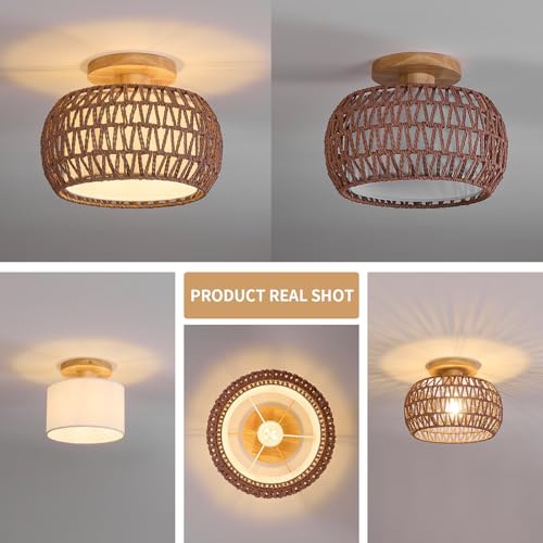Boho Rattan Ceiling Light Fixture - 3 Style Options Wicker Semi Flush Mount Ceiling Lights,Brown Coastal Light Fixtures,Bohemian Woven Basket Chandelier for Hallway Bedroom Nursery Kitchen Laundry - color: Brown