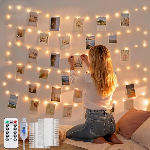 JMEXSUSS Photo Clips String Light, 33Ft 100LED Fairy Lights Plug in with 50 Clips ＆ Remote for Pictures, 8 Modes Twinkle Lights for Bedroom Dorm Wall Birthday Christmas Wedding Party Decor