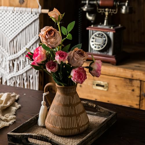 Mowtanco Rustic Farmhouse Vase with Handle and Tassel, Vertical Stripes Terracotta Pottery - Vintage Ceramic Clay for Home Décor, Shelf, Table, Bookshelf, Mantle, Entryway - color: Yellow - Tassel