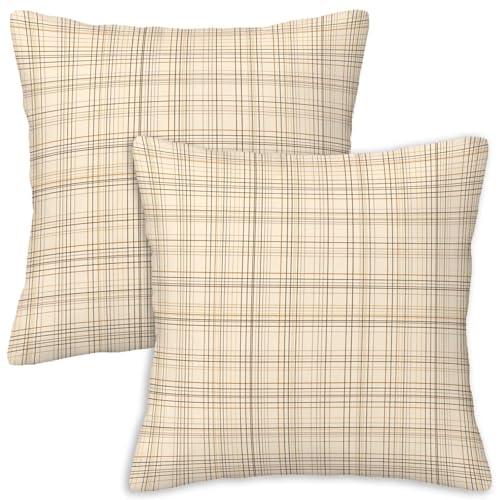 Plaid Throw Pillow Covers 18x18 Set of 2 | Beige Cream Decorative Cushion Covers | Neutral Farmhouse Pillow Cases for Couch Sofa Bed Living Room - color: Grid Lines