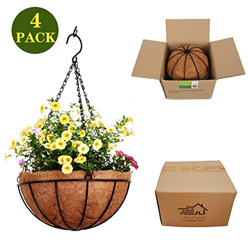4 Pack 10 inch Metal Hanging Planters Basket with Coco Coir Liner Outdoor-Hanging Baskets for Plants Outdoor,Metal Wire Baskets with Window Box Planters, Hanging Flower Pots for Railings - size: 10 inch