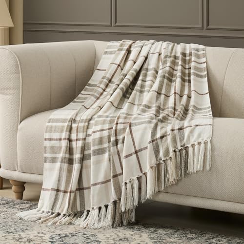 EverGrace Plaid Chenille Bed Blanket Queen Size for Bed, Super Soft Cozy Decorative Farmhouse Plaid Throw with Tassels, Lightweight Chenille Knit Throw for Couch Sofa Gift Home Decor, Beige 90"x90" - color: Plaid Beige & White, size: 90"x90"