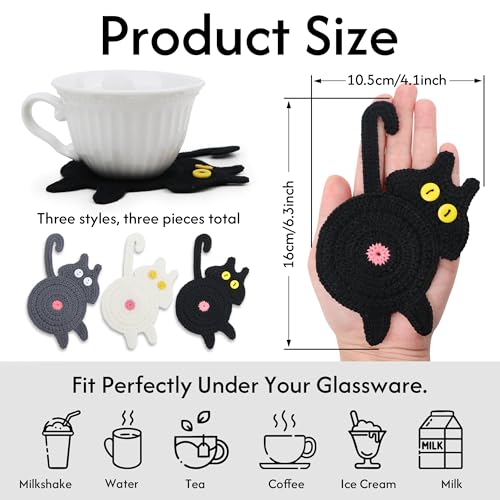 Cat Coasters, 3PCS Cat Gift for Cat Lovers, Gift for Her, Funny Gifts, Coasters for Drinks (White, Black, Grey) - color: Cat Coasters a