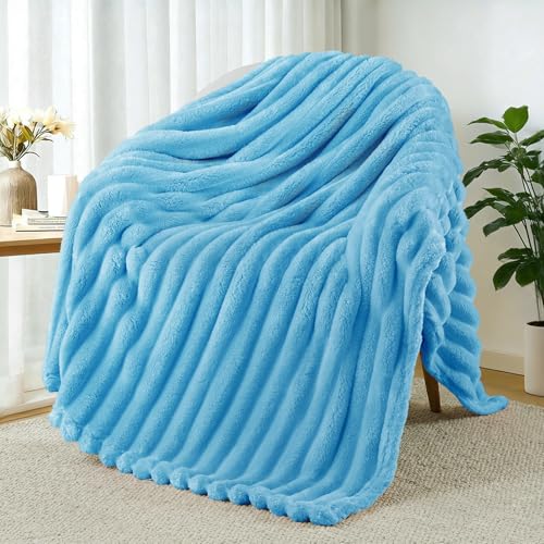 Exclusivo Mezcla Fleece Throw Blanket for Couch, Super Soft Striped Jacquard Bed Blanket, Lightweight Fuzzy Cozy for All Seasons, 50x60 Inches, Blue - color: Blue, size: Throw ( 50x60 IN )