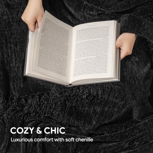 RECYCO Throw Blanket Soft Cozy Chenille Throw Blanket with Fringe Tassel for Couch Sofa Chair Bed Living Room Gift (Black, 50" x 60") - color: Black, size: 50'' X 60''