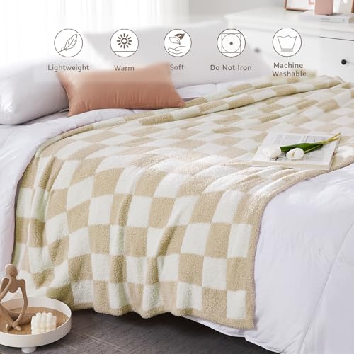 WRENSONGE Checkered Throw Blanket, Beige Soft Cozy Fluffy Warm Hand Made Throw Blankets for Couch, Sofa, Chair, Bed, Camping, Picnic, Travel Lightweight Bed Blanket - 50"*60" - color: Beige, size: Throw (50"x 60")