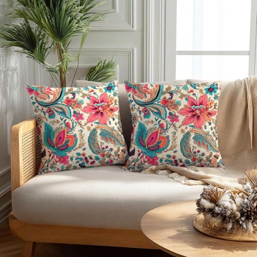 Firmiso Boho Floral Paisley Throw Pillow Covers 18x18 Set of 2 | Decorative Cushion Covers for Couch Sofa Bed | Soft Vintage Home Decor Pillow Cases | Colorful Bohemian Home Decor Accent - color: Floral Paisley
