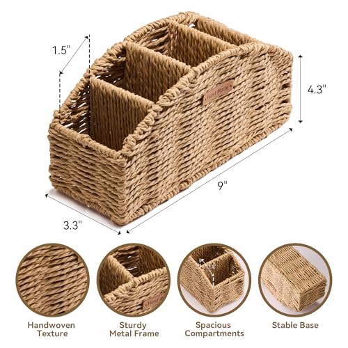 Handwoven Remote Control Holder Basket, Boho Desk Organizer with 5-Compartment Storage TV Remotes, Office Supplies for Living Room, Bedroom, Office