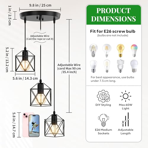 3 Light Pendant Lighting, Farmhouse Hanging Light Fixture for Kitchen Island & Dining Room, Industrial Vintage Ceiling Lamp with E26 Base, Adjustable Height, Matte Black - color: Round Base Metal Pendant - 3-Light (Black)