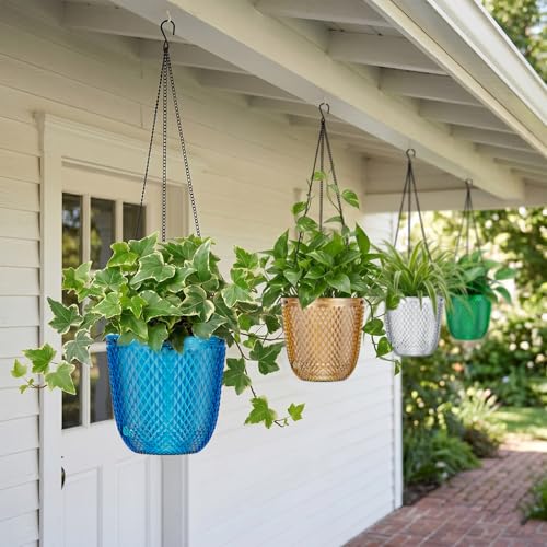 QCQHDU Hanging Planters for Indoor Plants, 2-Pack, 5.7 Inch, Klein Blue | Plastic, Self Watering, Plant Hanger, Drainage Holes, 3 Hooks Chains, For Garden Home