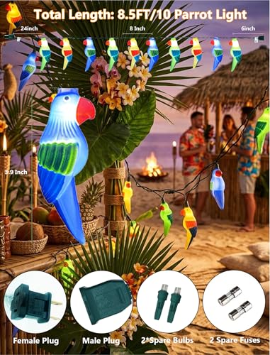 Outdoor Tropical Parrot String Lights Plug in, 8.5Ft Outdoor Hawaiian Decorative Patio String Lights with 10 Colorful Parrot Lights, Hanging Novelty Bird Lights for Deck Backyard Trees Stair Party - color: Parrot Lights