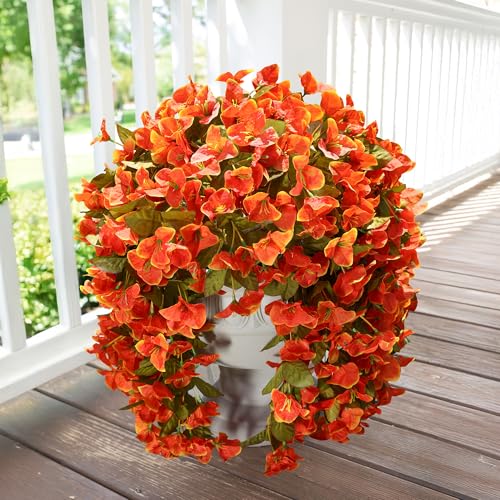 Bougainvillea Artificial Flowers Plants for Outdoors Outside Fall Autumn Decor, 2 pcs Faux Silk Long Trailing Vines UV Resistant Look Real Orange Fake Flowers for Front Door Porch Planter Urn Patio - color: Fall Orange