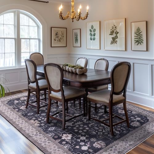 Area Rugs for Living Room 5x7, Stain Resistant Non-Slip Washable Bedroom Rug, Soft Vintage Boho Rug for Dining Room Kitchen Playroom (Charcoal Blush Ivory) - color: Charcoal Blush Ivory, size: 5' x 7' (Rectangular)
