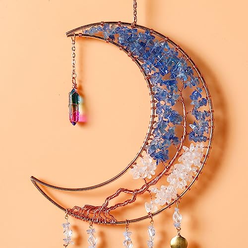 Agate Gemstone Dream Catcher 7 Chakra Tree of Life Dream Catcher with Crystal Stones Handmade Dreamcatcher Wall Decor for Adults Boys Girls,Bedroom,Wedding,Garden,Bless Gift(Blue Moon with Pendant) - color: Blue Moon Agate With Pendant