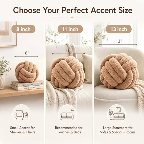 Petrella Khaki Knot Pillow Ball, Handmade Soft Lambswool Round Throw Pillow for Chair, Couch and Earth Tone Room Decor, Small Decorative Pillows, Knotted Accent Cushion, 8 Inch - color: Khaki, size: 8inch
