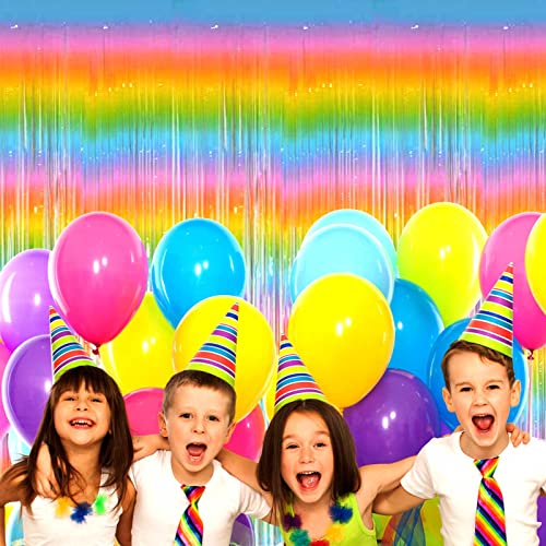 4 Pack Macaron Rainbow Foil Fringe Curtain Backdrop, 3.28Ft x 8.2Ft Metallic Tinsel Foil Fringe Streamer Curtains for Photo Booth, Birthday, Wedding, New Year’s, Easter Decorations Party Supplies - color: 4 Pack Rainbow