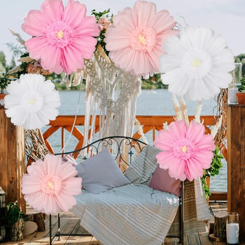 Giegxin 6 Pcs 31.5", 24" Pink, White Giant Paper Flower Large Tissue Paper Flower for Wall Big Pink Pom Pom Floral Decorations for Wedding Bridal Shower Baby Shower Tea Party Birthday Nursery Decor - color: Pink, White, size: 31.5", 24"