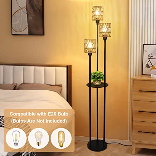 Boho Floor Lamp with Shelves, 3-Lights Farmhouse Tall Floor Lamp with ON/Off Foot Switch, Rustic Standing Lamp with Rattan Shades for Living Room Bedroom Office - style: Black-Rattan Shade