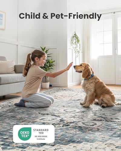 AMADA HOMEFURNISHING 10x14 Washable Area Rug, Low-Profile Large Area Rug with Non-Slip Backing & Durable Edge Binding, Vintage Large Rugs for Living Room, Bedroom & Dinning Room - color: Blue, size: 10' x 14' (Rectangular)