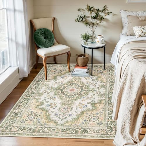 Green Rug 3'x5',Washable Area Rugs for Bedroom Living Room Kitchen Entryway Bedside,Small Boho Vintage Bohemian Distressed Oriental Non Slip Carpet,Sage Floral - color: Rug11-green, size: 3'x5'