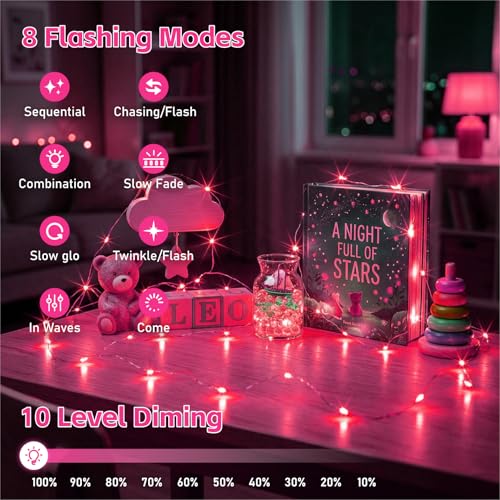 8 Pack Rechargeable LED Fairy Lights 7Ft 20LED Battery Operated with Remote, DIY Timer & 8 Modes, Mini Twinkle String Lights for Indoor Christmas Wedding Mason Jar Bedroom Party Table (Pink) - color: Pink
