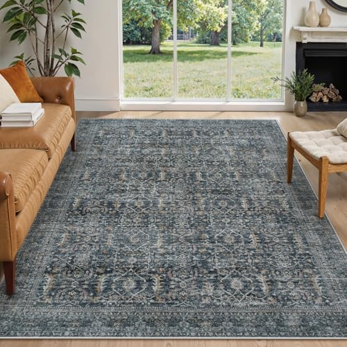 Collive Washable Area Rug 6x9, Large Vintgae Distressed Rugs for Living Room Soft Rugs for Bedroom, Non Slip Ultra-Thin Dining Room Floor Carpet for Entryway Kitchen Office - Blue/Grey - color: Blue/Grey, size: 6' x 9' (Rectangular)