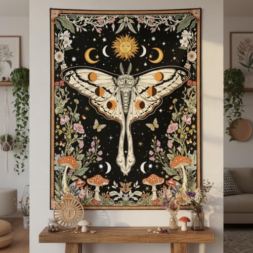 Aipon Boho Moth Tapestry Vintage Floral Flowers Tapestries Aesthetic Retro Mushroom Tapestries for Bedroom Sun and Moon Indie Small Tapestry Wall Hanging for Living Room Dorm 60 x 44 Inch - color: Black Mushroom Moth, size: 60"L x 44"W