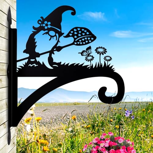 Plant Hangers Outdoor Heavy Duty Iron Decorative Gnome Silhouette Pot Hangers for Plants 11 inch Hanging Plant Bracket Wall Plant Hanger for Bird Feeder Flower Pot Lantern Wind Chimes - color: Gnome & Butterfly