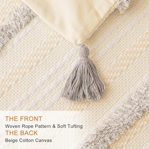 Boho Throw Pillow Covers 18x18 Set of 2 Woven Tufted Farmhouse Pillows Cover with Tassels Textured Striped Cushion Case Neutral Pillow Cases Decorative Pillowcase for Sofa, Couch, Bed, Light Grey - color: Light Grey, size: 18" x 18" (Pack of 2)