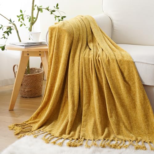 BATTILO HOME Mustard Yellow Chenille Throw Blanket for Couch, Soft Cozy Textured Knit Throw Blanket with Handmade Fringe Tassels, Lightweight Decorative Farmhouse Blanket for Sofa Bed Chair, 50"x60" - color: Mustard